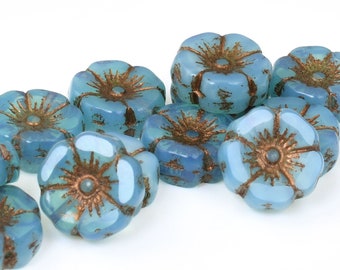 12mm Hibiscus Flower Beads - Aqua Silk with Dark Bronze Wash Blue Flower Beads - Flat Czech Glass Flower Beads for Spring Jewelry - #957