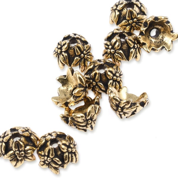 Gold Bead Caps - TierraCast JASMINE Caps - Antique Gold Beadcaps - Flower Cone Caps (PC20)