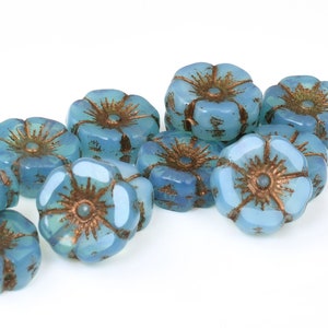 12mm Hibiscus Flower Beads Aqua Silk with Dark Bronze Wash Blue Flower Beads Flat Czech Glass Flower Beads for Spring Jewelry 957 image 1