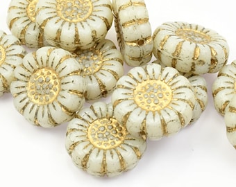 13mm Sunflower Beads - Ivory Opaque with Gold Wash Czech Glass Beads -  Light Cream and Gold Sun Flower Beads by Raven's Journey (#028)