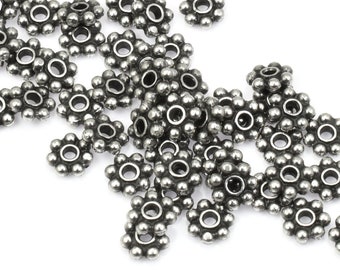 50 5mm Daisy Beads DARK ANTIQUE SILVER Beads for Jewelry - TierraCast Antique Pewter Finish Flat Flower Spacer Heishi Bali Style Beads