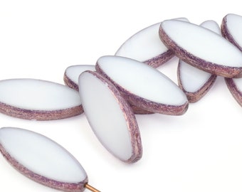 Grey / White 9mm x 20mm Oval Beads - White Silk with Purple Bronze Finish - Czech Glass Beads by Raven's Journey (#017)
