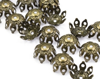 36 Antique Brass Beadcaps 9mm Aged Solid Brass Bead Caps Open Filigree Petal Bumpy Caps Bronze (FSAB103)