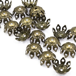 48 Antique Brass Beadcaps 9mm Aged Solid Brass Bead Caps Open Filigree Petal Bumpy Caps Bronze (FSAB103)