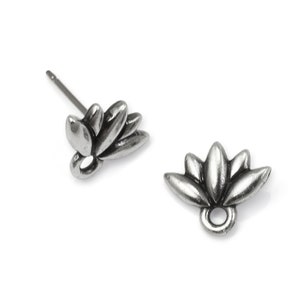 Antique Pewter Lotus Flower Earring Post TierraCast Stud Ear Post with Loop Dark Antique Silver Ear Findings P2636 image 1