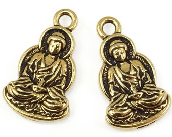 Antique Gold Buddha Pendant - TierraCast Gold Buddha Charms - 12mm x 21mm Meditation Yoga Charms (P2417)