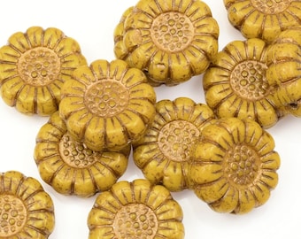 13mm Sunflower Beads - Yellow Opaque with Dark Bronze Wash - Dark Mustard Yellow Yellow Beads by Raven's Journey (#024)