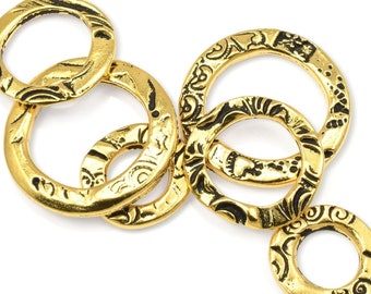 6 Piece Assortment Mix of Antique Gold Circle Charms Gold Metal Rings TierraCast FLORA RING Gold Charms for Bohemian Jewelry