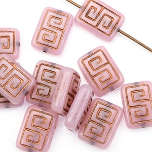 12 Pieces 13mm x 9mm Greek Key Rectangle Czech Glass Beads Pink Opaline with Dark Bronze Wash Light Pink Beads for Jewelry Making 186 image 1