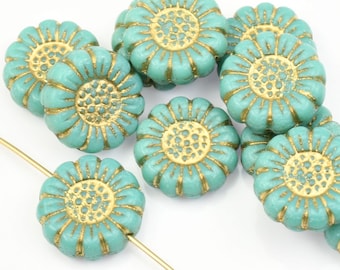 13mm Sunflower Beads - Turquoise Opaque with Gold Wash Czech Glass Beads -  Light Turquoise Green Sun Flower Beads by Raven's Journey (#034)