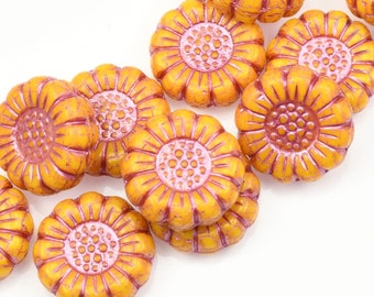 13mm Sunflower Beads - Light Orange Opaque with Pink Wash Czech Glass Beads - Dark Taupe Orange Yellow Beads by Raven's Journey (#041)