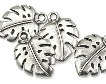 Dark Antique Silver Monstera Leaf Charm - TierraCast Double Sided Monstera Pendant - Woodland Nature Plant Charms Antique Pewter (P2524)