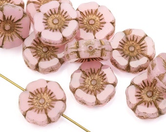 12mm Hibiscus Flower Beads - Pink Opaline with Antique Finish Czech Glass - Translucent Pastel Light Pink Beads for Flower Jewelry (#092)