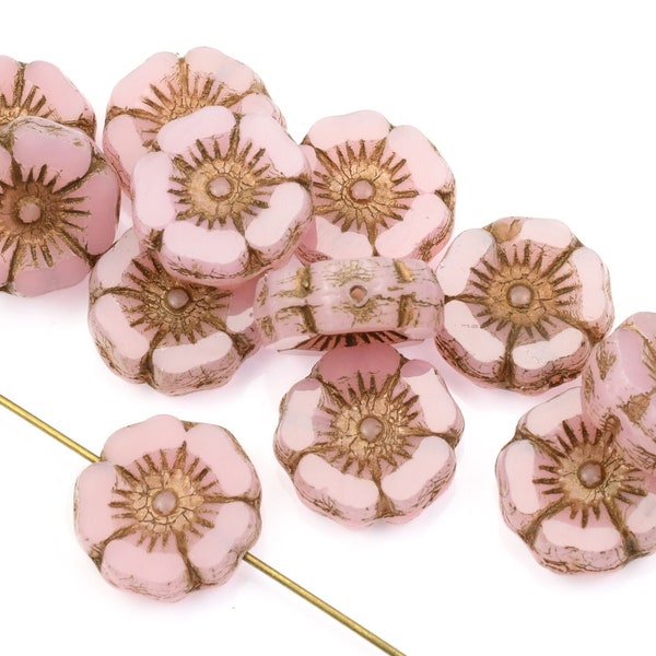 12mm Hibiscus Flower Beads - Pink Opaline with Antique Finish Czech Glass - Translucent Pastel Light Pink Beads for Flower Jewelry (#092)