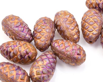 10 Pieces Glass Pinecone Beads - 13mm x 8mm  Purple Opaque Finish with Copper Wash - Pressed Czech Glass #261