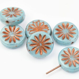 12mm Aster Flower Coin Beads Sky Blue Silk with Copper Wash Czech Glass Beads by Ravens Journey Pastel Light Blue Flower Beads 960 image 1