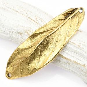 2 Antique Gold Leaf Link Double Hole Large Leaf Bracelet Link 3 Dimensional 50mm Centerpiece for Autumn Fall Jewelry image 1