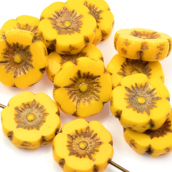 12mm Hibiscus Flower Beads - Yellow Flower Beads Yellow Opaque with Dark Bronze Wash - Czech Glass Flower Beads for Spring Jewelry #178