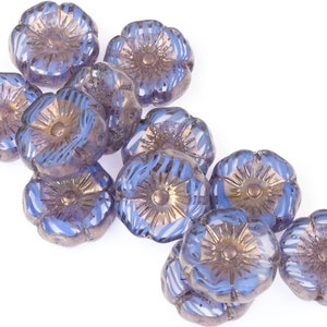 12mm Hibiscus Flower Beads - Crystal Sapphire Transparent and Blue Stripe Mix with Bronze Finish - Czech Glass Beads Indigo (#094)