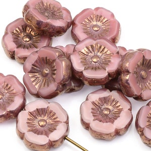 Abalorios de flores de hibisco de 12 mm Abalorios de flores rosas polvorientas Seda rosa con acabado en bronce Abalorios de flores de vidrio checo para joyería de primavera 191 imagen 1