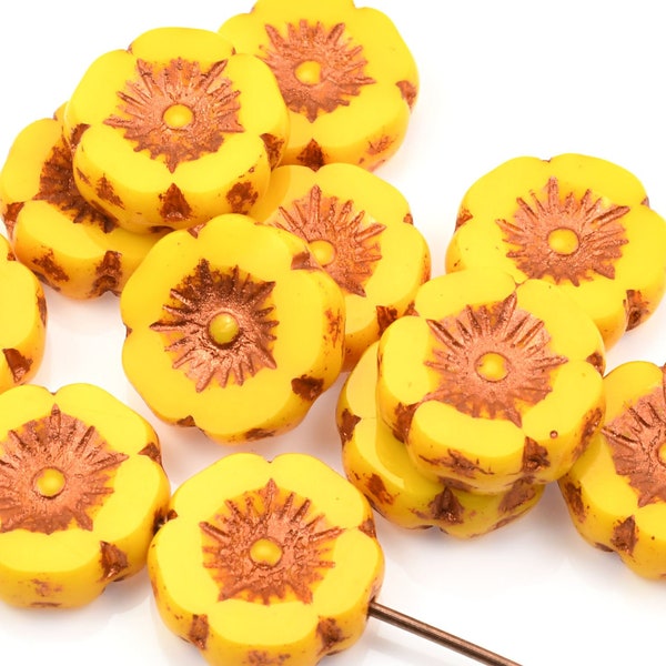 12mm Hibiscus Flower Beads - Yellow Flower Beads Marigold Yellow Opaque with Copper Wash - Czech Glass Flower Beads for Spring Jewelry #170