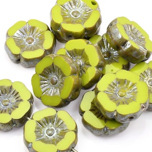 12mm Hibiscus Flower Beads Gaspeite Green Opaque Aurora Borealis and Picasso Finishes Czech Glass Flower Beads for Spring Jewelry 192 画像 1