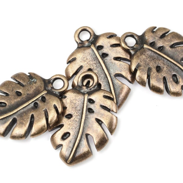 Antique Brass Monstera Leaf Charm - 19mm TierraCast Double Sided Monstera Pendant - Woodland Nature Plant Bronze Charms (P2528)