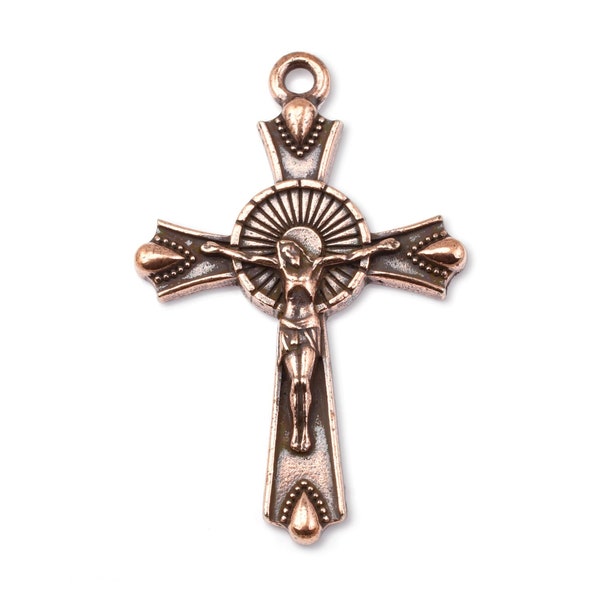 TierraCast Crucifix Pendant - 29mm x 44mm Large Antique Copper Pendant for Faith Jewelry - Rosary Pendant (P2617)