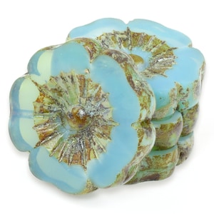 22mm Hibiscus Flower Beads - Table Cut Czech Glass Beads  Aqua Opaline with Picasso Finish Large Czech Flower Bead Light Teal Turquoise #020
