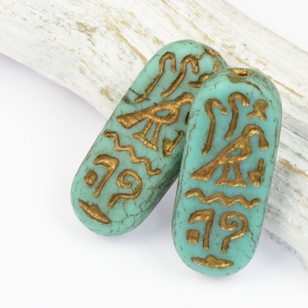 Egyptian Cartouche Glass Beads - 25mm x 10mm Oval Beads - Turquoise Opaque Matte with Dark Bronze Wash - Czech Beads by Ravens Journey #851