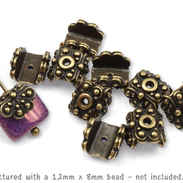 Antique Brass Bead Caps - TierraCast RAJA LENTIL Flat Pendant Caps Beadcaps - Bead Caps for Flat Rectangle & Coin Beads (PAC10)