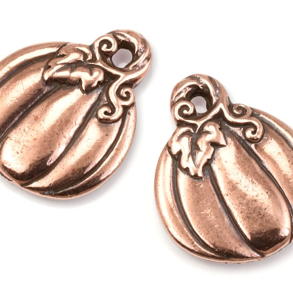 Antique Copper Pumpkin Charms - TierraCast 18mm x 15mm Pumpkin Pendants for Fall Jewelry - Double Sided Autumn Fall Gourd Charms (P2308)