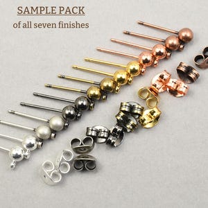 14 Piece SAMPLE PACK of 4mm Round Ball Post Earrings With or Without Backs - Assorted Mix Plated Stud Earring Finding w/ Closed Ring  #FB780