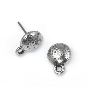 Antique Pewter Hammertone Earring Post Dome Distressed Metal Stud Ear Post with Loop Dark Antique Silver Ear Findings P2635 image 1