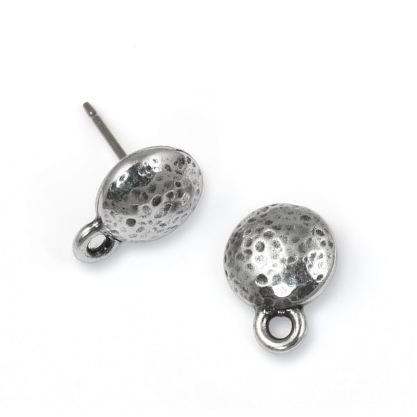 Antique Pewter Hammertone Earring Post - Dome Distressed Metal Stud Ear Post with Loop - Dark Antique Silver Ear Findings (P2635)