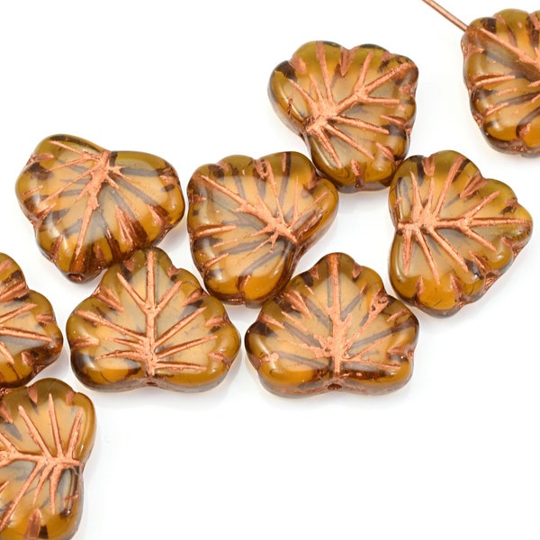Brown Leaf Beads - 13mm x 11mm Czech Glass Maple Leaf Beads by Raven's Journey - Amber Transparent with Copper Wash  (#396)