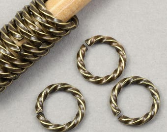 72 Pieces of 8mm Twisted Wire 16 Gauge Jump Rings - ANTIQUE BRASS Jumpring Finding - Bronze Color Plated Decorative Twist Ring #FB988T