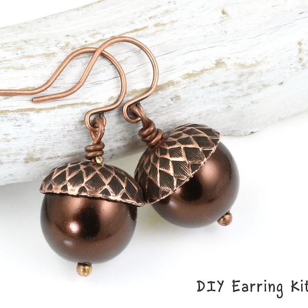 DIY KIT Acorn Earring Kit - Copper Findings and Faux Pearl Earrings - Autumn Jewelry Kit Fall Beaded Earrings Kit