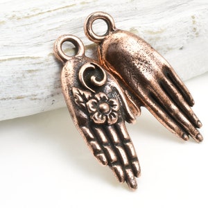 TierraCast Blossom Hand Copper Charms for Jewelry Making - Copper Hand Charms - 9mm x 26mm Floral Antique Copper Pendant (P2367)