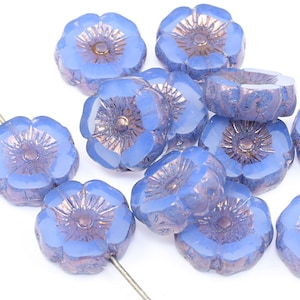 12mm Hibiscus Flower Beads Blue Flower Beads Sapphire Blue Opaline with Purple Bronze Czech Glass Flower Beads for Spring Jewelry 187 image 1