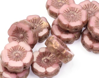 12mm Hibiscus Flower Beads - Pink Silk with Purple Bronze Finish - Dusty Rose Pink Beads for Spring and Summer Flower Jewelry (#095)