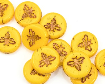 12mm Pressed Glass Honey Bee Beads - Coin Shaped Yolk Yellow Opaque with Dark Bronze Wash - Czech Glass Beads by Ravens Journey #951