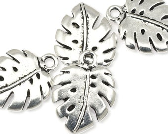 Antique Silver Monstera Leaf Charm - 19mm TierraCast Double Sided Monstera Pendant - Woodland Nature Plant Charms for Jewelry Making (P2526)