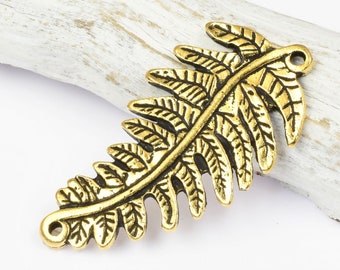 Antique Gold Fern Leaf Link - 40mm x 20mm Fern Frond Pendant Charm Centerpiece Findings - Woodland Nature Plant Charms Autumn (P2533)