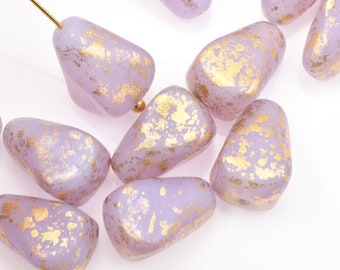 Light Purple Briolette Beads - 12mm x 10mm Lilac Satin Opaline Matte with Speckled Gold Finish - Ravens Journey Czech Glass (#468)
