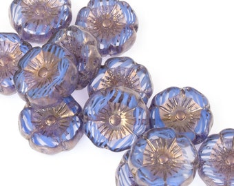 12mm Hibiscus Flower Beads - Crystal Sapphire Transparent and Blue Stripe Mix with Bronze Finish - Czech Glass Beads Indigo (#094)