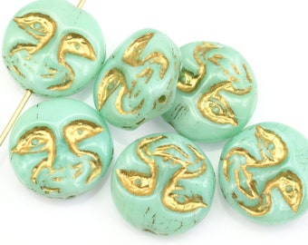 13mm Moon Face Beads - Turquoise Green Vaseline Silk with Gold Wash Czech Glass Coin Beads by Ravens Journey - Celestial Moon Beads  #741