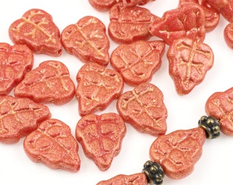 Red Leaf Beads 10mm x 8mm Czech Glass Beads - "Red Antique Shimmer" Glass Leaves for Autumn Jewelry Fall Beads