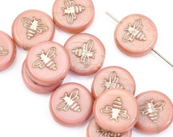 12mm Pressed Glass Honey Bee Beads - Coin Shaped Pink Silk with Platinum Silver Wash Czech Glass Beads by Ravens Journey #973