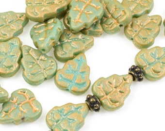 Green Leaf Beads 10mm x 8mm Czech Glass Beads - "Antique Turquoise Shimmer" Glass Leaves for Autumn Jewelry Fall Beads